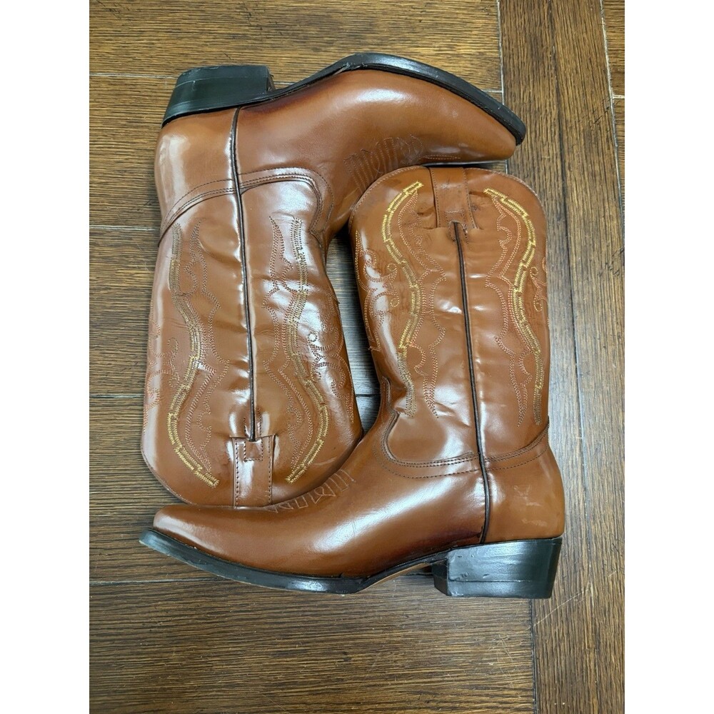 Vintage Andre V Cowboy Boots Orange Brown Leather Western Size 7.5M Embroidered